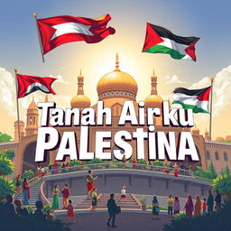 A beautiful and majestic illustration featuring the phrase 'Tanah Airku Palestina' prominently displayed