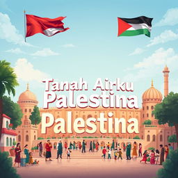 A beautiful and majestic illustration featuring the phrase 'Tanah Airku Palestina' prominently displayed