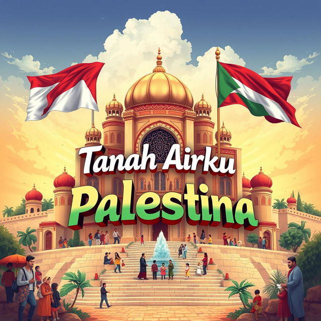 A beautiful and majestic illustration featuring the phrase 'Tanah Airku Palestina' prominently displayed