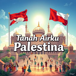 A beautiful and majestic illustration featuring the phrase 'Tanah Airku Palestina' prominently displayed