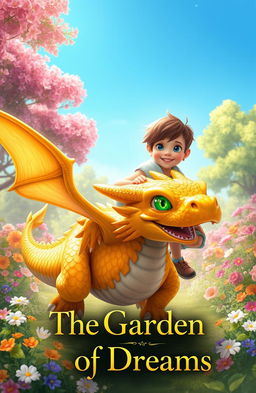A magical scene depicting a 10-year-old girl with short brown hair and bright blue eyes, joyfully riding a small dragon covered in golden scales and sparkling green eyes
