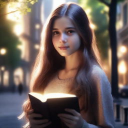 A highly realistic 4K image depicts a girl with long brown hair, holding a book and surrounded by a radiant ring of light