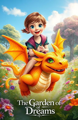 A magical scene depicting a 10-year-old girl with short brown hair and bright blue eyes, joyfully riding a small dragon covered in golden scales and sparkling green eyes