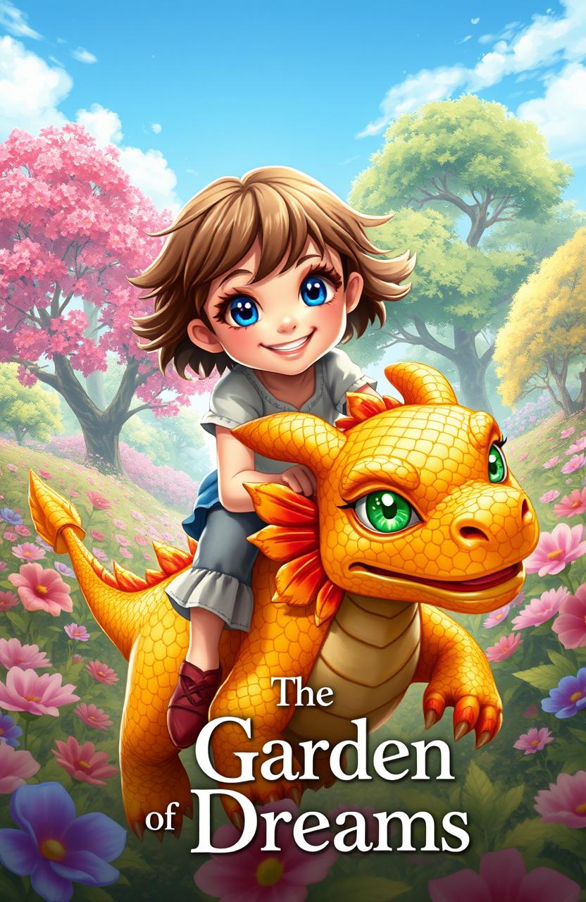 A magical scene depicting a 10-year-old girl with short brown hair and bright blue eyes, joyfully riding a small dragon covered in golden scales and sparkling green eyes