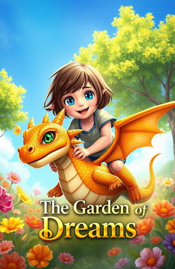 A magical scene depicting a 10-year-old girl with short brown hair and bright blue eyes, joyfully riding a small dragon covered in golden scales and sparkling green eyes