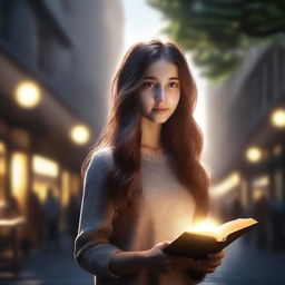 A highly realistic 4K image depicts a girl with long brown hair, holding a book and surrounded by a radiant ring of light