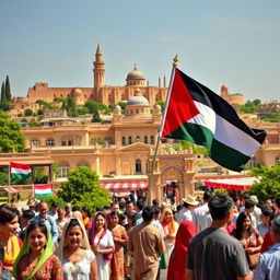 A vibrant scene depicting the essence of Palestine, with a beautiful and majestic view of Palestinian architecture and the people in the foreground, engaged in daily activities