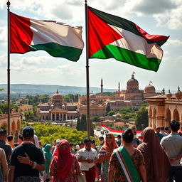 A vibrant scene depicting the essence of Palestine, with a beautiful and majestic view of Palestinian architecture and the people in the foreground, engaged in daily activities
