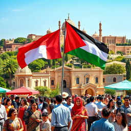 A vibrant scene depicting the essence of Palestine, with a beautiful and majestic view of Palestinian architecture and the people in the foreground, engaged in daily activities