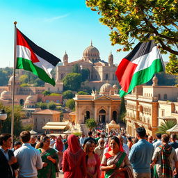 A vibrant scene depicting the essence of Palestine, with a beautiful and majestic view of Palestinian architecture and the people in the foreground, engaged in daily activities