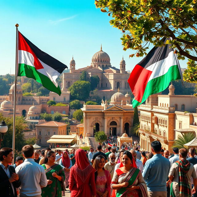 A vibrant scene depicting the essence of Palestine, with a beautiful and majestic view of Palestinian architecture and the people in the foreground, engaged in daily activities