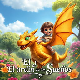 A magical scene depicting a 10-year-old girl with short brown hair and bright blue eyes, joyfully riding a small dragon covered in golden scales and sparkling green eyes