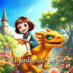 A magical scene depicting a 10-year-old girl with short brown hair and bright blue eyes, joyfully riding a small dragon covered in golden scales and sparkling green eyes