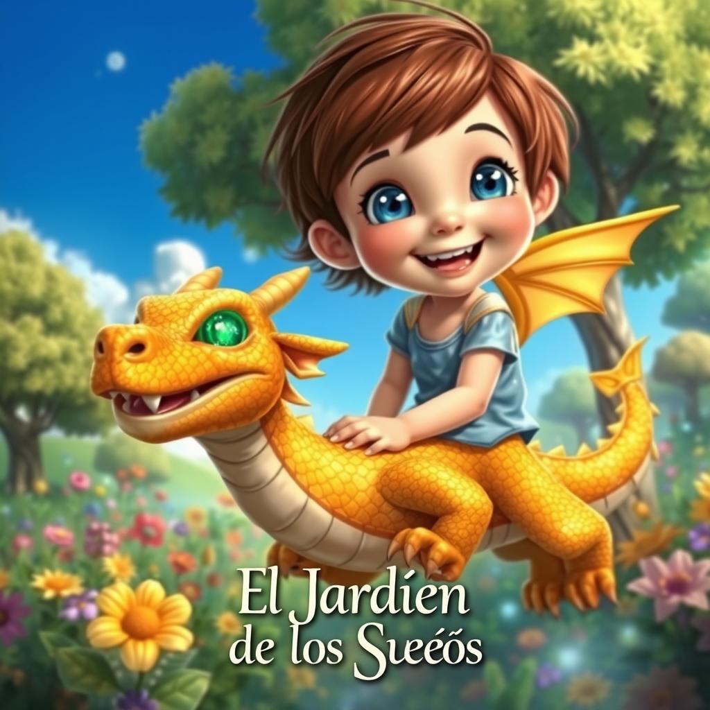 A magical scene depicting a 10-year-old girl with short brown hair and bright blue eyes, joyfully riding a small dragon covered in golden scales and sparkling green eyes