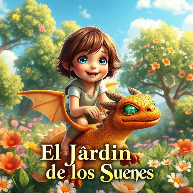 A magical scene depicting a 10-year-old girl with short brown hair and bright blue eyes, joyfully riding a small dragon covered in golden scales and sparkling green eyes