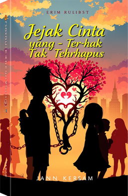 A captivating book cover design for 'Jejak Cinta yang Tak Terhapus' featuring an artistic representation of love intertwined with themes of bullying, parental sacrifices, and social issues
