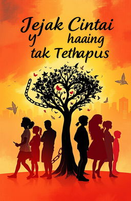 A captivating book cover design for 'Jejak Cinta yang Tak Terhapus' featuring an artistic representation of love intertwined with themes of bullying, parental sacrifices, and social issues