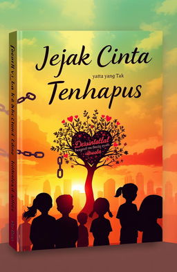 A captivating book cover design for 'Jejak Cinta yang Tak Terhapus' featuring an artistic representation of love intertwined with themes of bullying, parental sacrifices, and social issues
