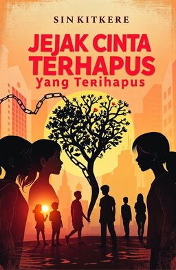 A captivating book cover design for 'Jejak Cinta yang Tak Terhapus' featuring an artistic representation of love intertwined with themes of bullying, parental sacrifices, and social issues