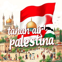 A beautiful illustration depicting the text "tanah airku palestina" artistically integrated into the image