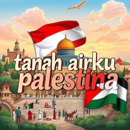 A beautiful illustration depicting the text "tanah airku palestina" artistically integrated into the image