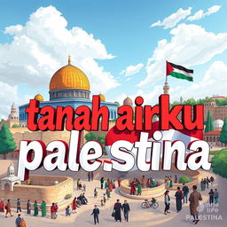 A beautiful illustration depicting the text "tanah airku palestina" artistically integrated into the image