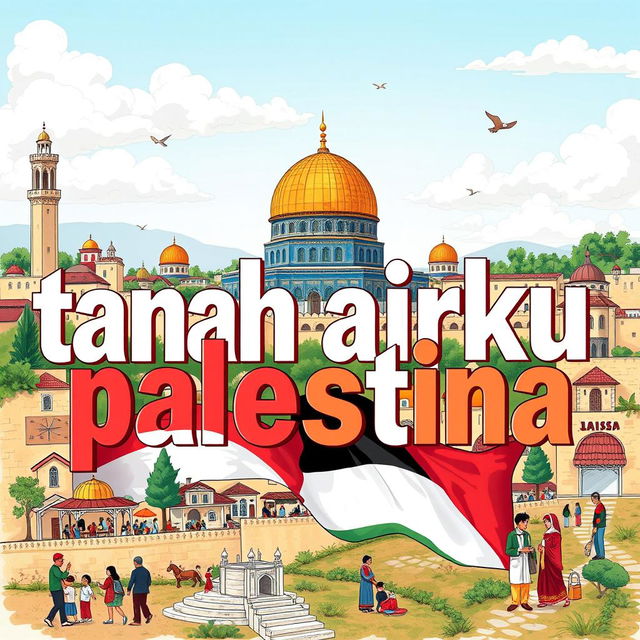 A beautiful illustration depicting the text "tanah airku palestina" artistically integrated into the image