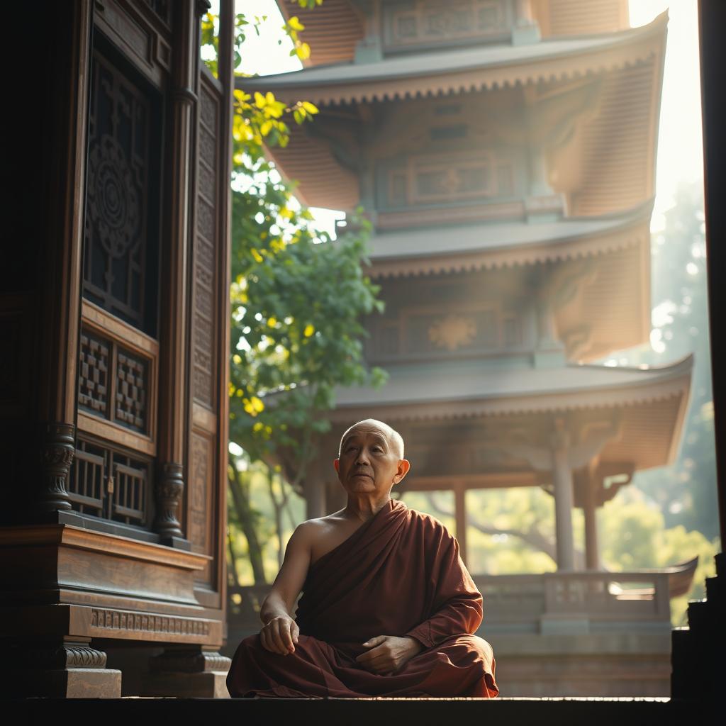 An old monk sitting in a meditative pose within the tranquil setting of an ancient pagoda, his eyes slightly open and gazing contemplatively into the distance as if connected to a deeper wisdom