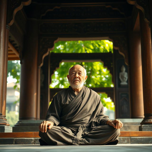 An old monk sitting in a meditative pose within the tranquil setting of an ancient pagoda, his eyes slightly open and gazing contemplatively into the distance as if connected to a deeper wisdom