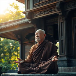 An old monk sitting in a meditative pose within the tranquil setting of an ancient pagoda, his eyes slightly open and gazing contemplatively into the distance as if connected to a deeper wisdom
