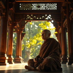 An old monk sitting in a meditative pose within the tranquil setting of an ancient pagoda, his eyes slightly open and gazing contemplatively into the distance as if connected to a deeper wisdom