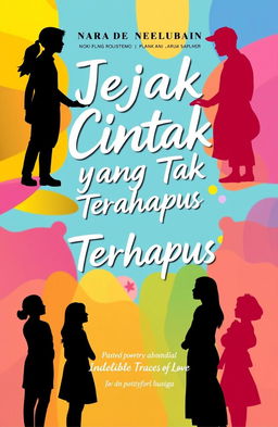 A vibrant, engaging cover design for a book titled 'Jejak Cinta yang Tak Terhapus' (Indelible Traces of Love), featuring themes of poetry that reflect social issues such as bullying and parental sacrifice