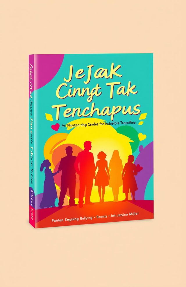 A vibrant, engaging cover design for a book titled 'Jejak Cinta yang Tak Terhapus' (Indelible Traces of Love), featuring themes of poetry that reflect social issues such as bullying and parental sacrifice