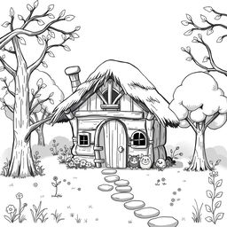 A whimsical medieval hut set in a charming forest clearing, featuring a thatched roof, wooden walls, a small chimney, and a wooden door