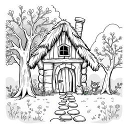 A whimsical medieval hut set in a charming forest clearing, featuring a thatched roof, wooden walls, a small chimney, and a wooden door