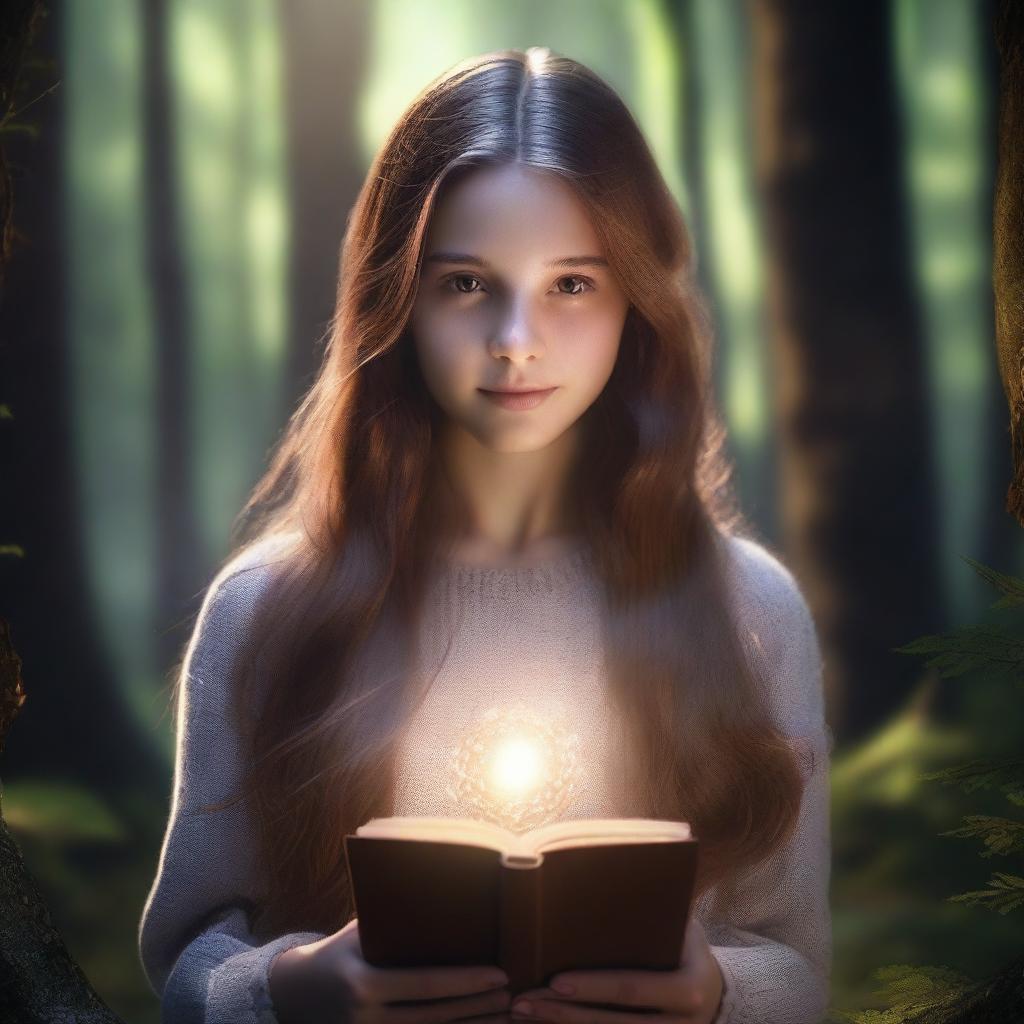 A hyper-realistic 4K image featuring a girl with long brown hair, holding a book and encircled by a glowing ring of light