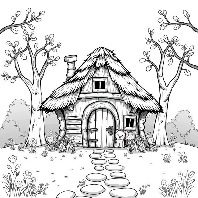 A whimsical medieval hut set in a charming forest clearing, featuring a thatched roof, wooden walls, a small chimney, and a wooden door