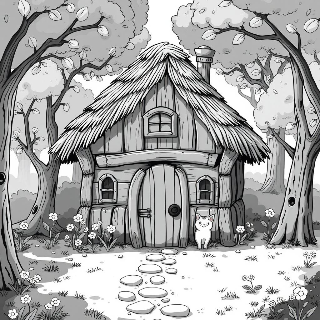 A whimsical medieval hut set in a charming forest clearing, featuring a thatched roof, wooden walls, a small chimney, and a wooden door