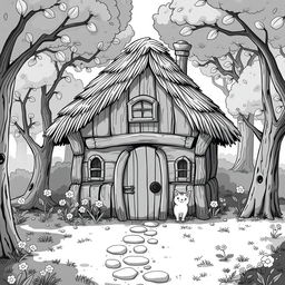 A whimsical medieval hut set in a charming forest clearing, featuring a thatched roof, wooden walls, a small chimney, and a wooden door
