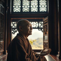 An old monk meditating peacefully within the serene confines of an ancient pagoda, his eyes slightly open and gazing thoughtfully into the distance, embodying a sense of calm wisdom