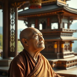 An old monk meditating peacefully within the serene confines of an ancient pagoda, his eyes slightly open and gazing thoughtfully into the distance, embodying a sense of calm wisdom