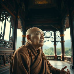 An old monk meditating peacefully within the serene confines of an ancient pagoda, his eyes slightly open and gazing thoughtfully into the distance, embodying a sense of calm wisdom