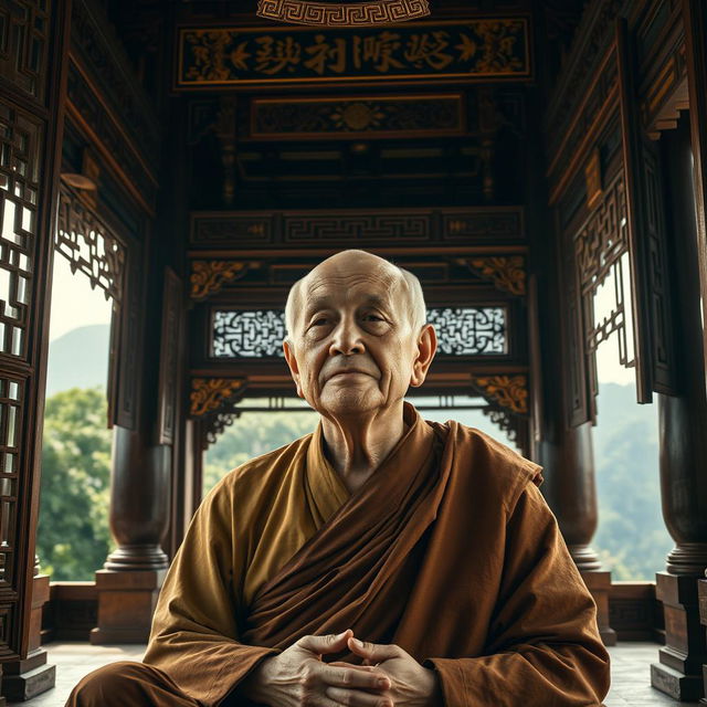 An old monk meditating peacefully within the serene confines of an ancient pagoda, his eyes slightly open and gazing thoughtfully into the distance, embodying a sense of calm wisdom