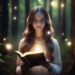 A hyper-realistic 4K image featuring a girl with long brown hair, holding a book and encircled by a glowing ring of light