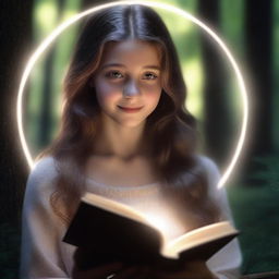 A hyper-realistic 4K image featuring a girl with long brown hair, holding a book and encircled by a glowing ring of light