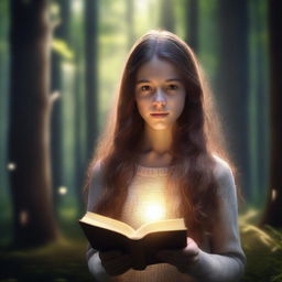 A hyper-realistic 4K image featuring a girl with long brown hair, holding a book and encircled by a glowing ring of light