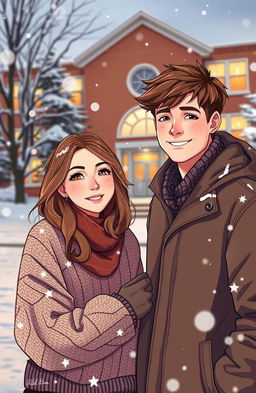 A heartwarming scene set in a small, cold town during winter