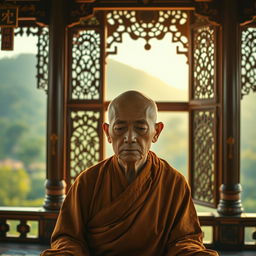 An old monk sitting in serene silence, deeply engaged in meditation within the ancient pagoda