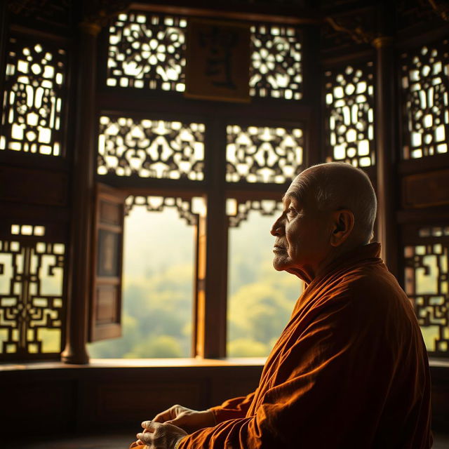 An old monk sitting in serene silence, deeply engaged in meditation within the ancient pagoda