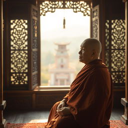 An old monk sitting in serene silence, deeply engaged in meditation within the ancient pagoda